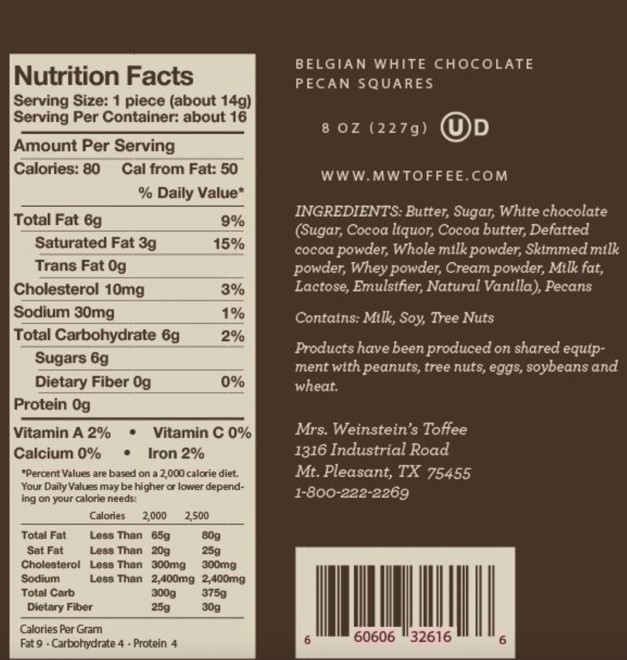 Belgian White Chocolate Pecan Toffee Squares 8oz