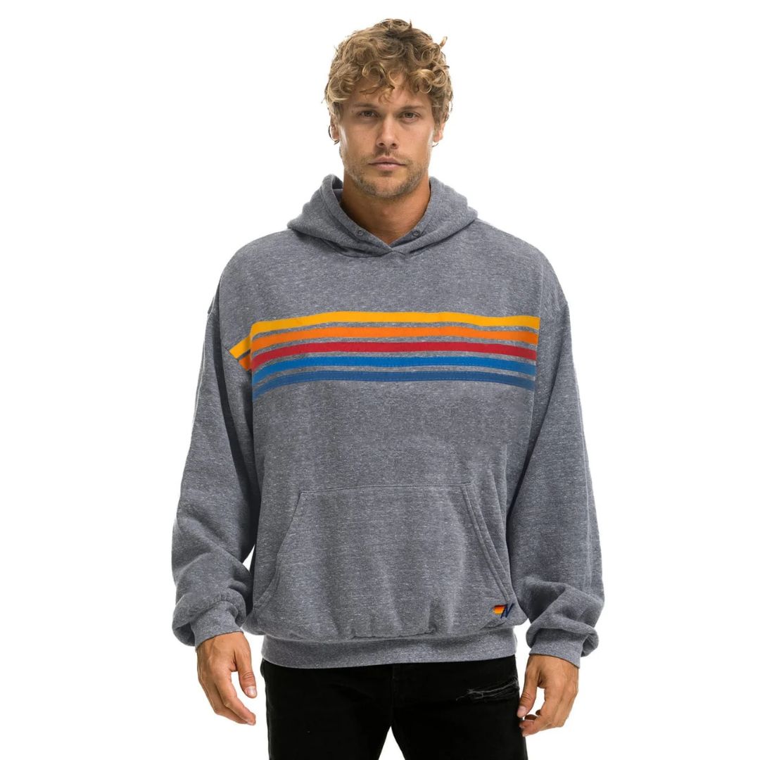 Aviator Nation 5 Stripe Relaxed Pullover Hoodie-Heather Grey