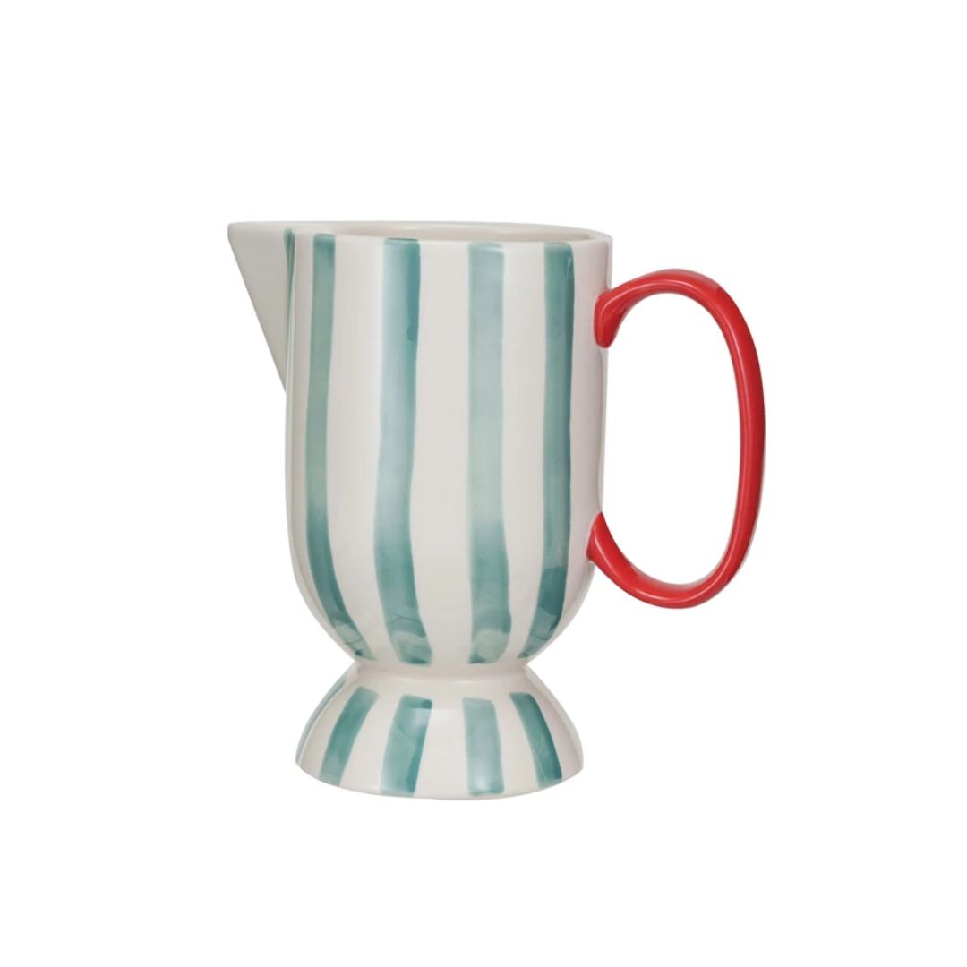 Holiday Striped Hand-Painted Stoneware Footed Pitcher