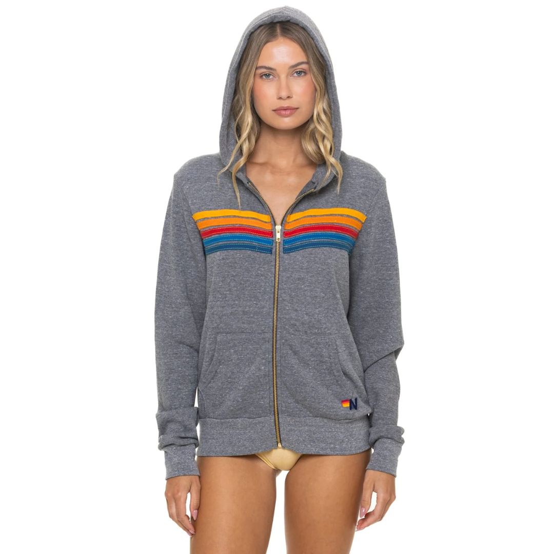 Aviator Nation 5 Stripe Zip Hoodie-Heather Grey
