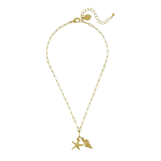 Gold Starfish & Spiral Shell Paperclip Chain Necklace