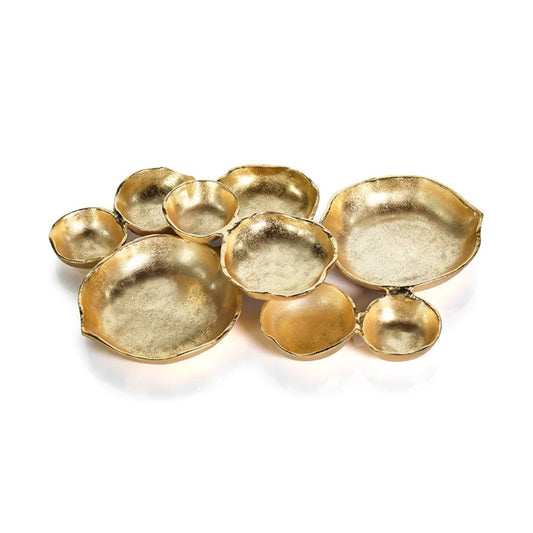 Cluster of 9 Gold Round Serving Bowls