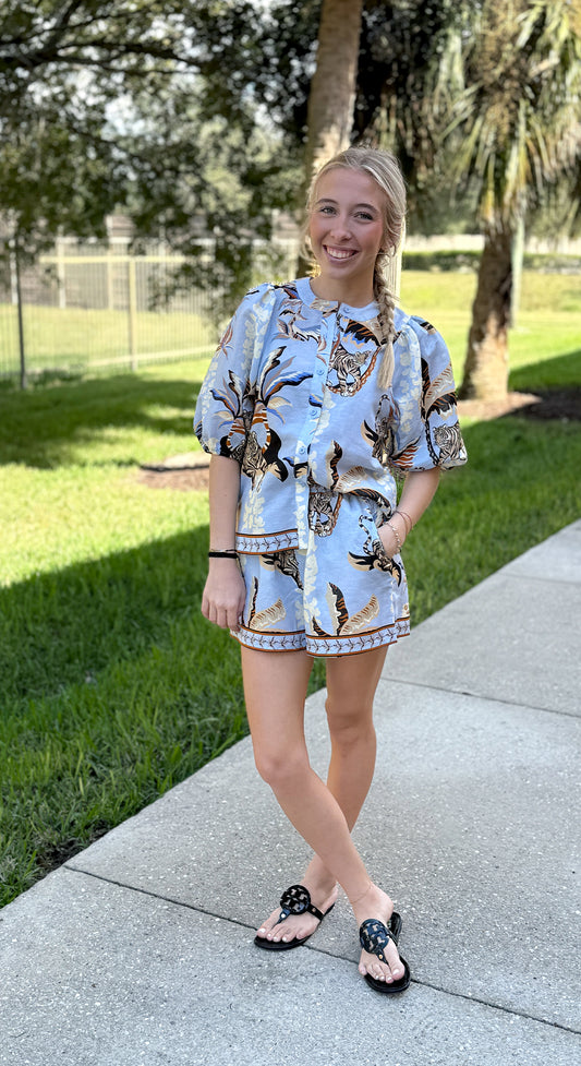 Las Sureñas Bali Tiger Light Blue Top, Short & Dress